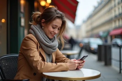 Femme souriante &agrave; Paris v&eacute;rifiant son t&eacute;l&eacute;phone
