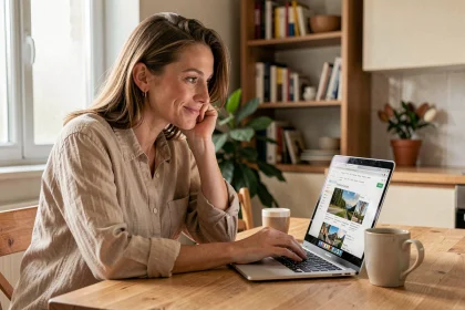 Femme utilisant un site de planification de vacances sur son ordinateur portable dans une cuisine cosy
