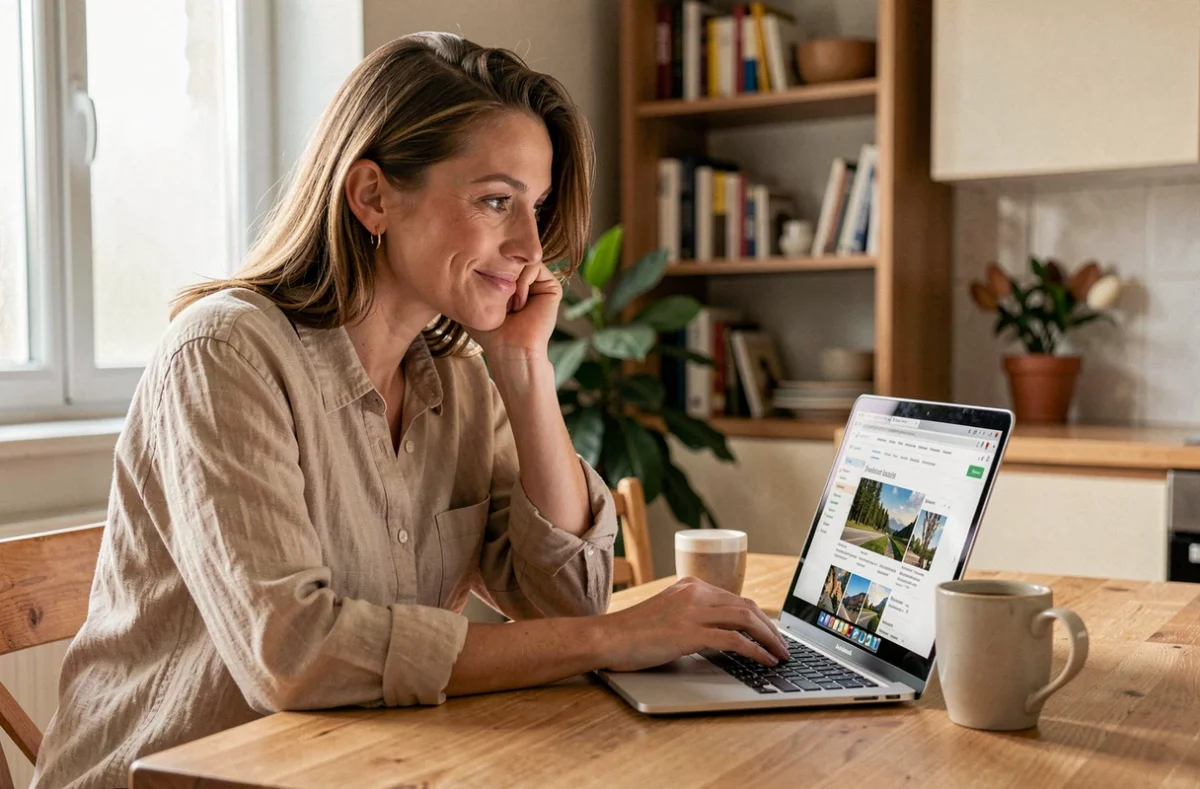 Femme utilisant un site de planification de vacances sur son ordinateur portable dans une cuisine cosy