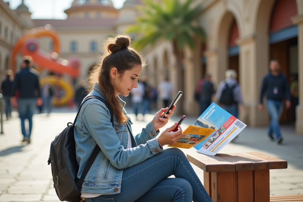 Jeune femme compare brochures de billets &agrave; PortAventura