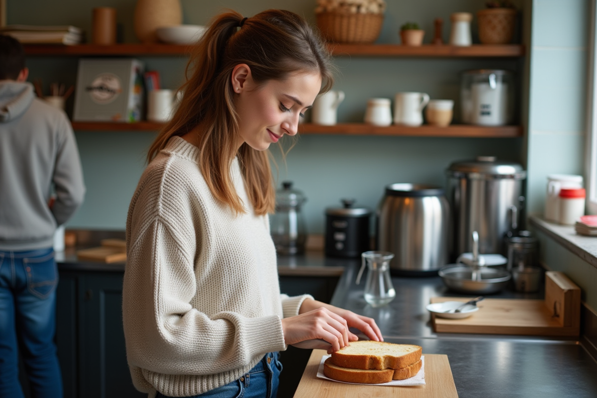 Jeune femme préparant du toast dans une cuisine communautaire