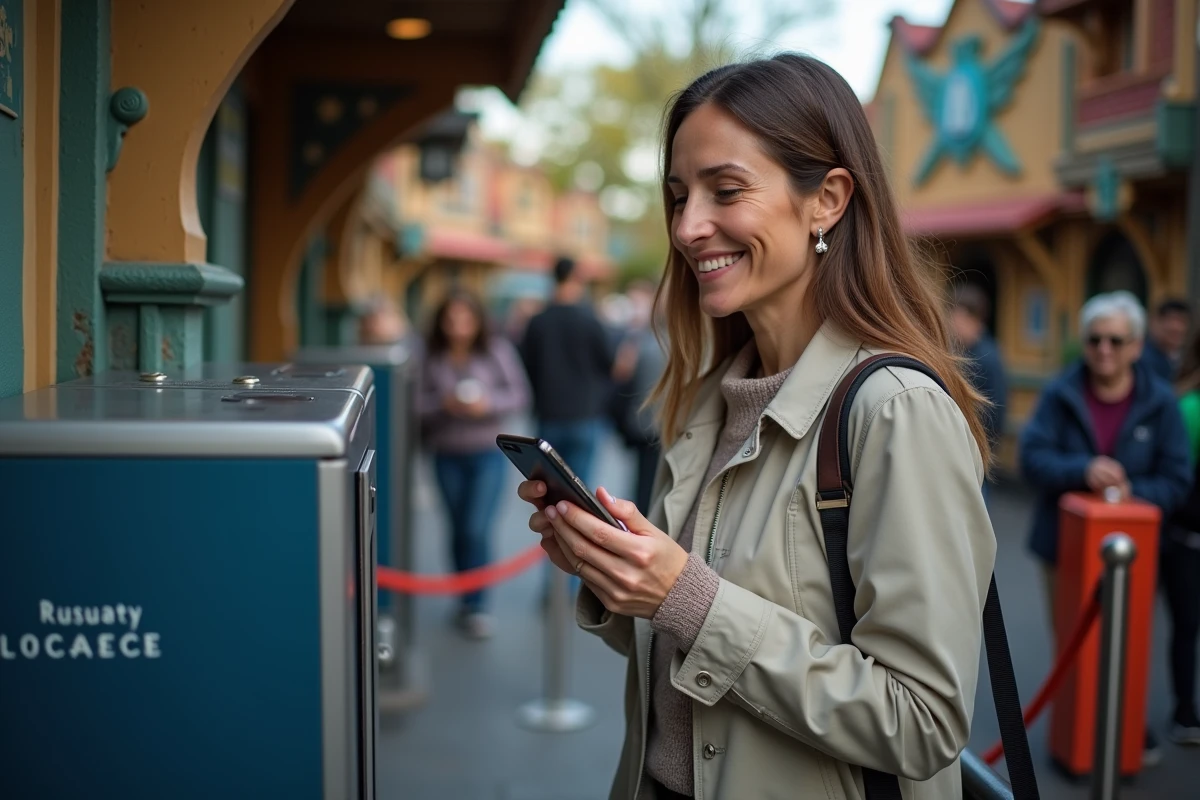 Femme scannant un QR code FastPASS numérique sur smartphone à l'entrée d'une attraction Eurodisney Paris