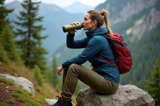 Femme en randonnée buvant dans une gourde en forêt