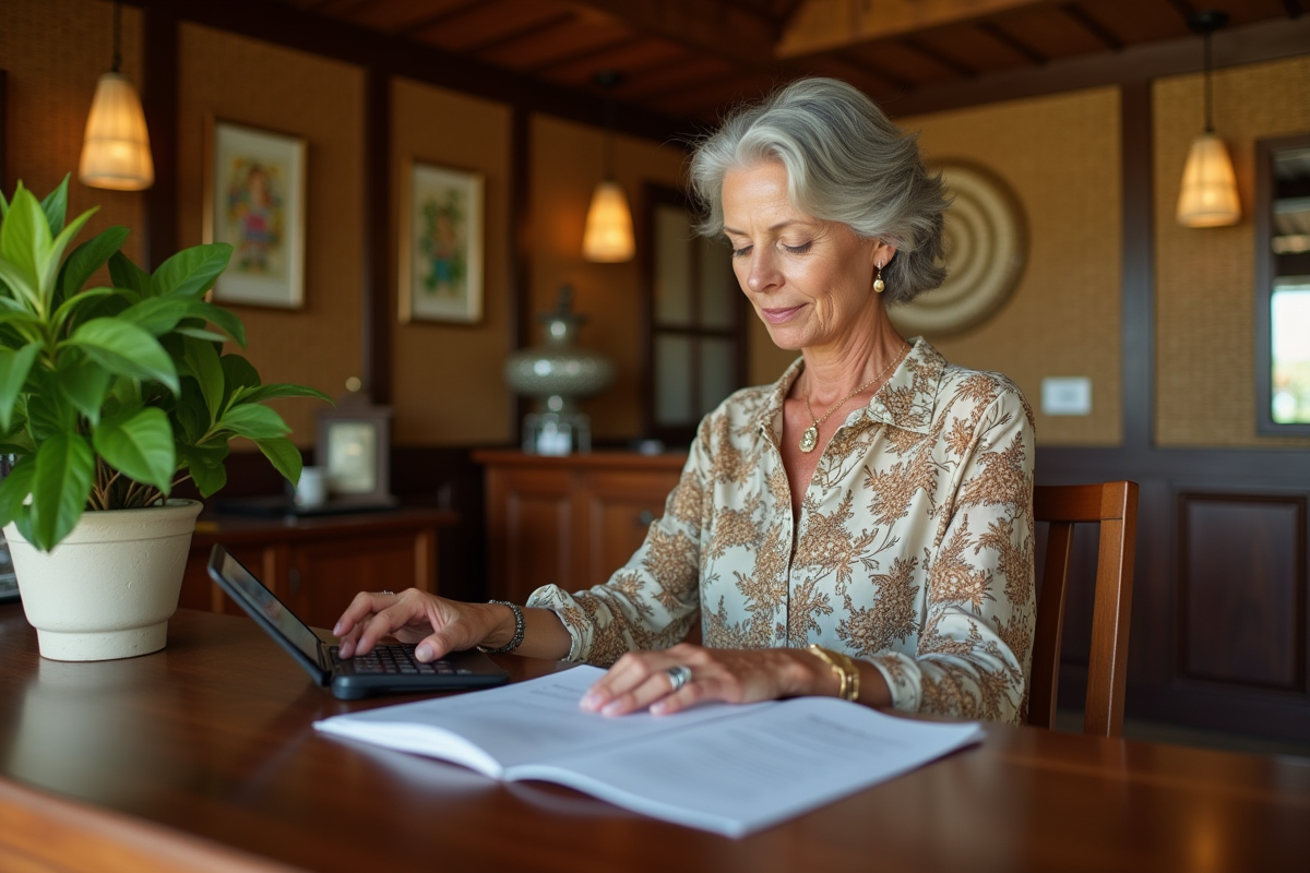 Femme examinant une facture dans une pension tahitienne