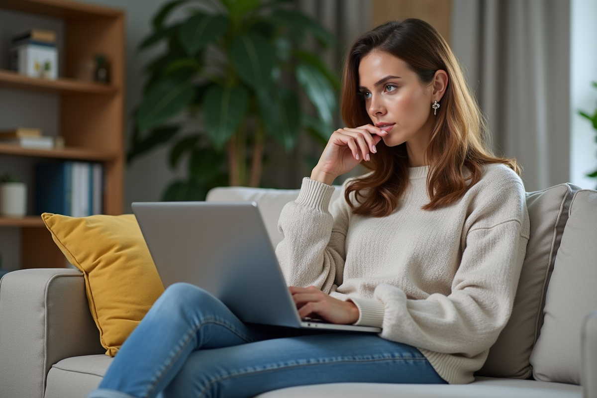 Femme assise sur un canapé regardant des plateformes de streaming