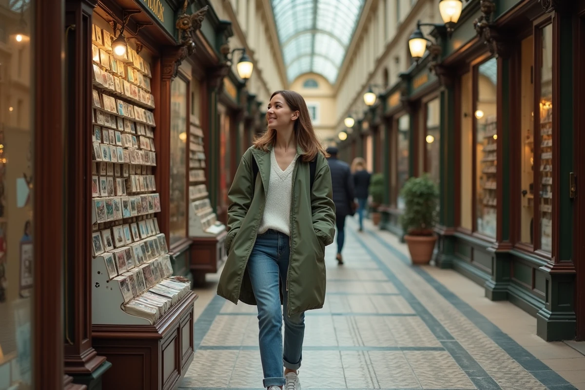 Femme visitant seule un passage couvert historique à Paris et feuilletant des cartes postales vintage