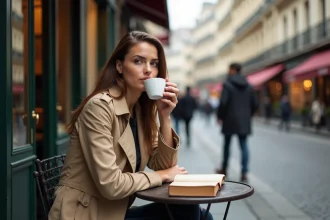Femme seule savourant un espresso en terrasse dans une rue parisienne typique avec façades haussmanniennes
