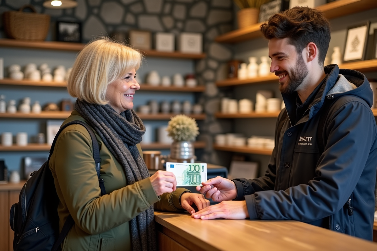 Femme souriante achetant un souvenir à Reykjavik