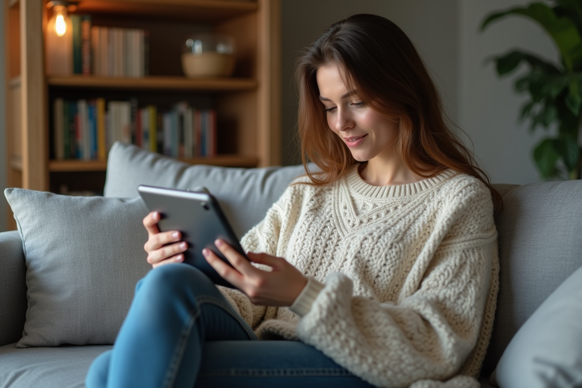 Jeune femme regardant une tablette dans un salon moderne