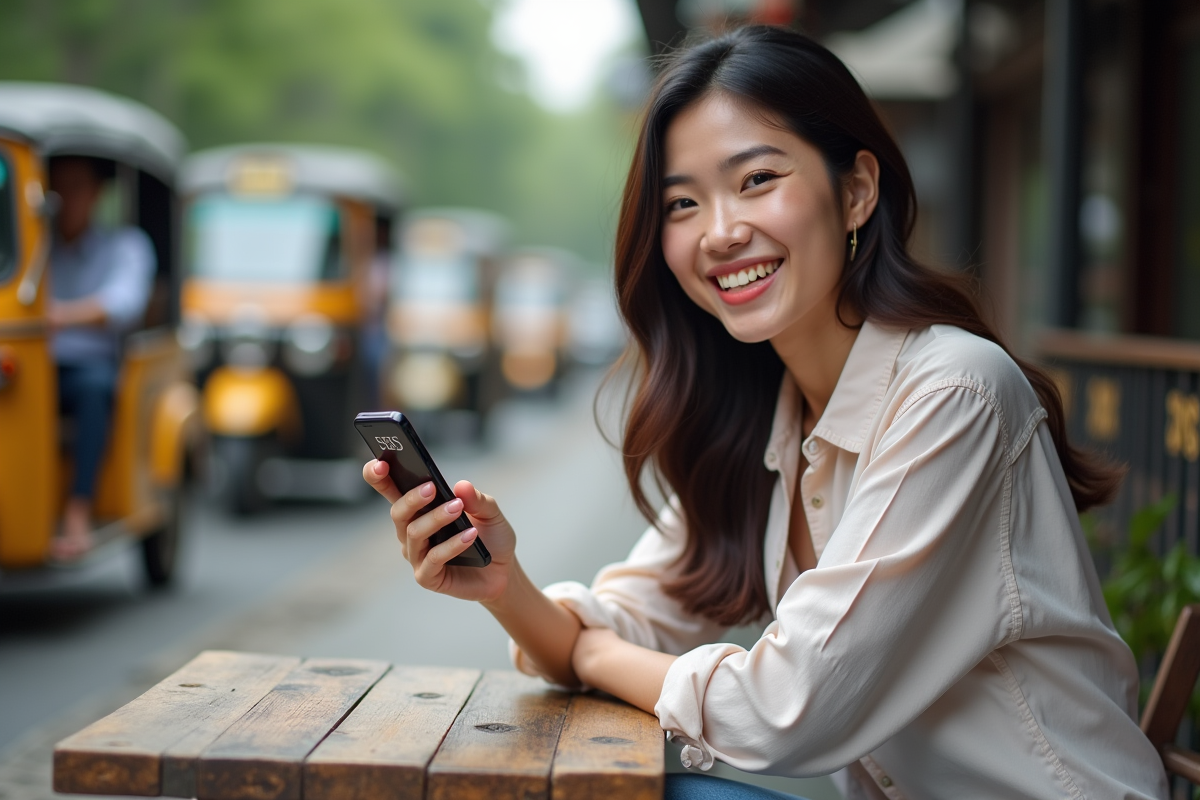 Femme thaïe souriante avec smartphone dans un café à Bangkok