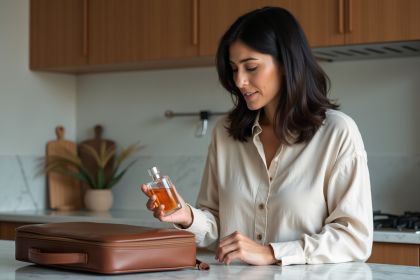 Femme avec parfum et sac de voyage dans la cuisine