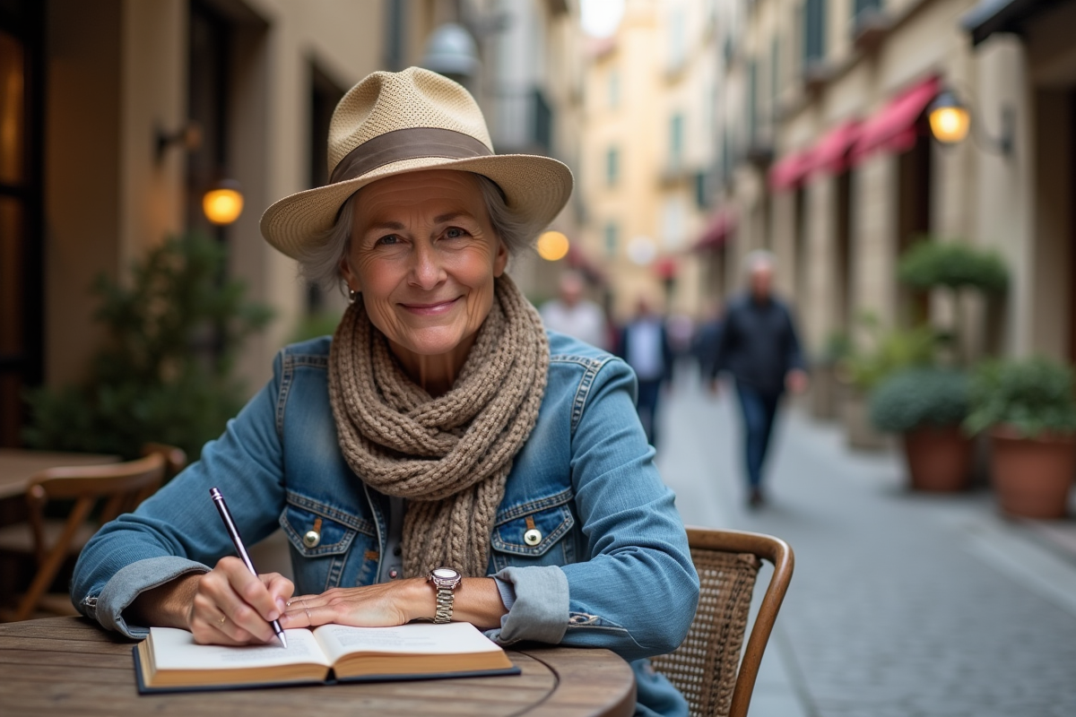 Femme souriante dans un café européen en voyage