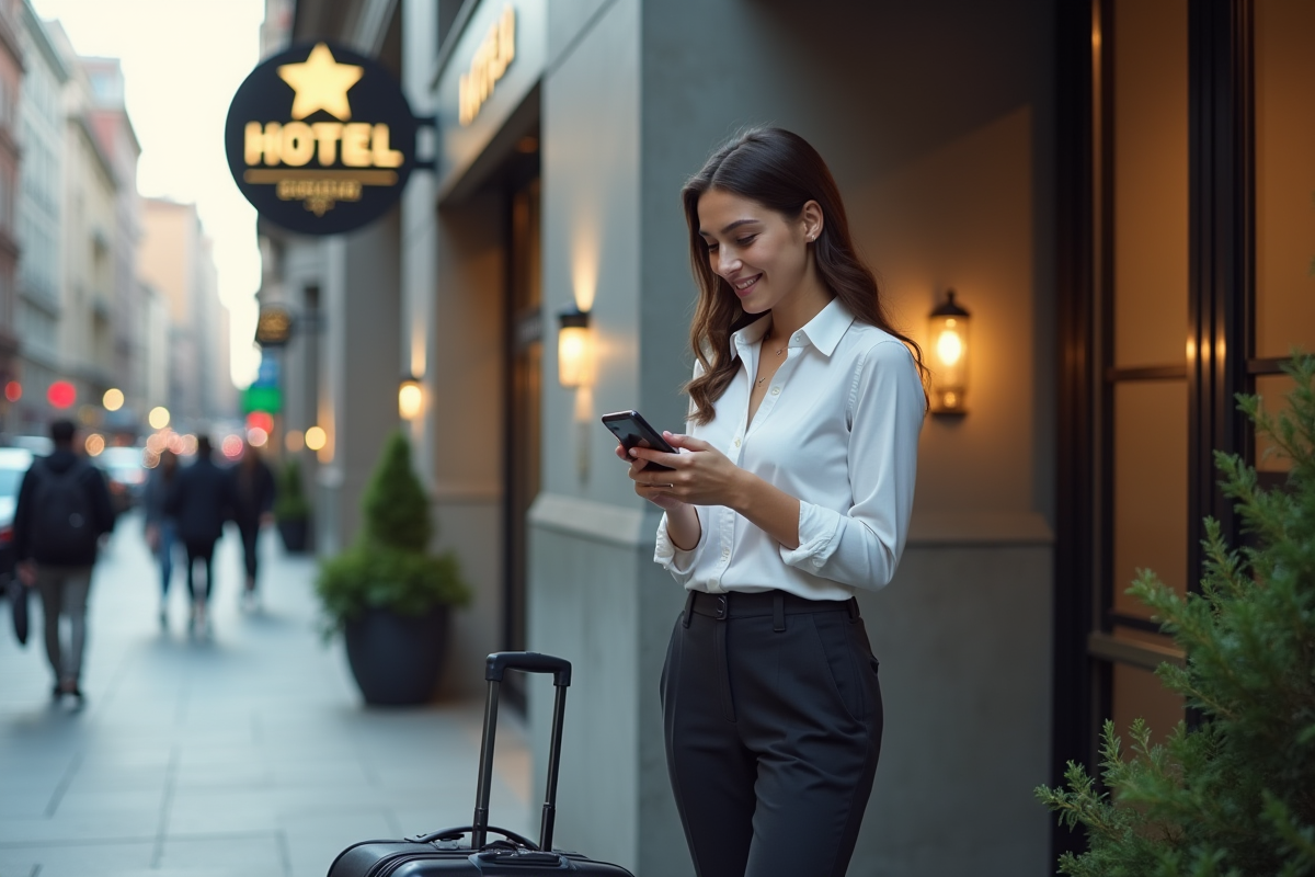 Jeune femme devant hôtel en ville vérifiant son téléphone
