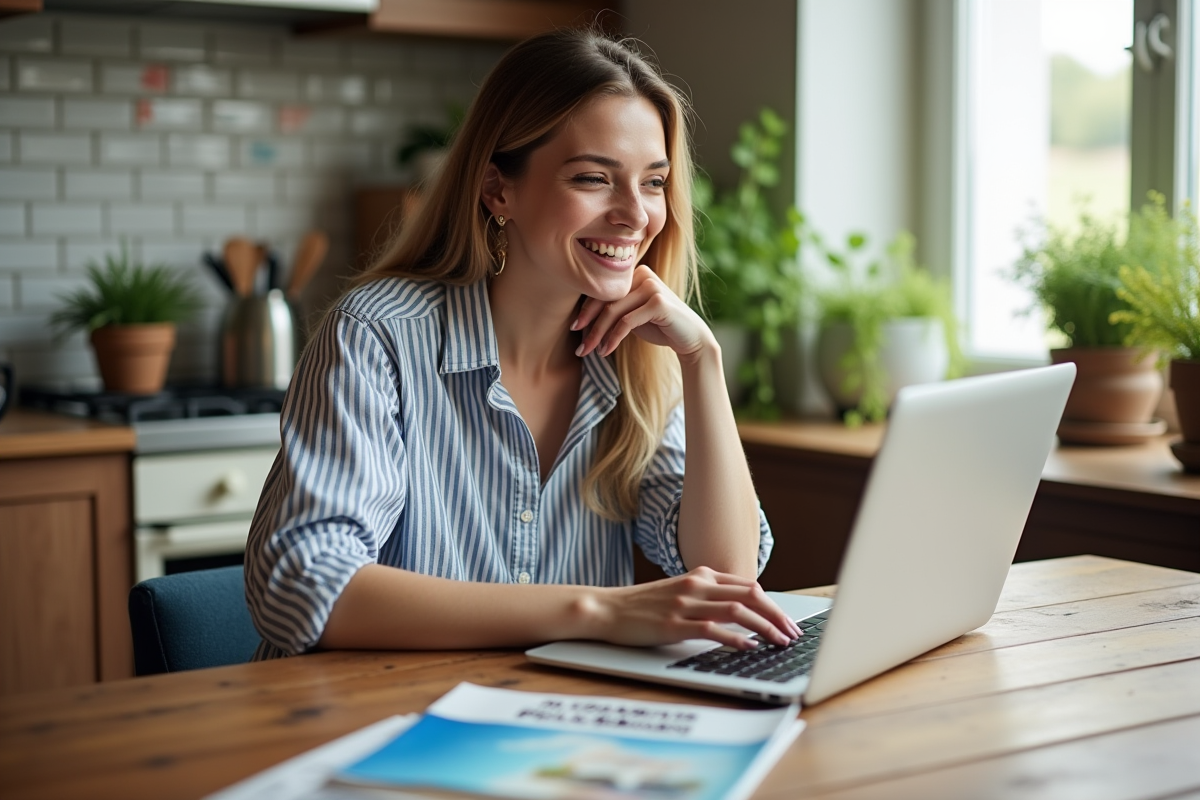 Femme souriante vérifiant des offres de voyage en ligne