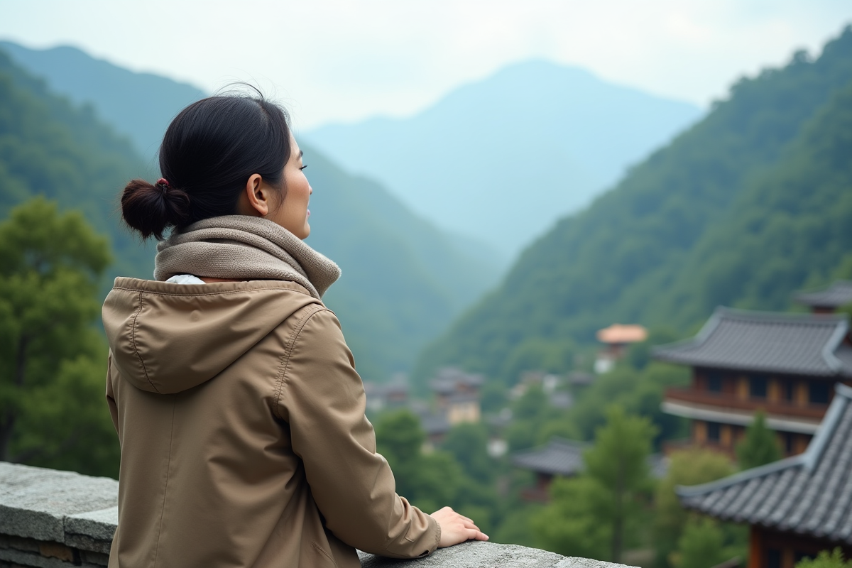 Femme solo regardant la vue en montagne en Asie