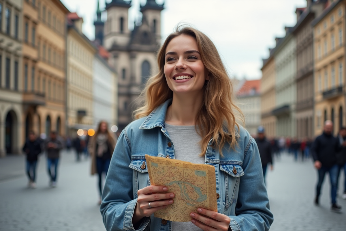 Jeune femme souriante avec carte à Prague