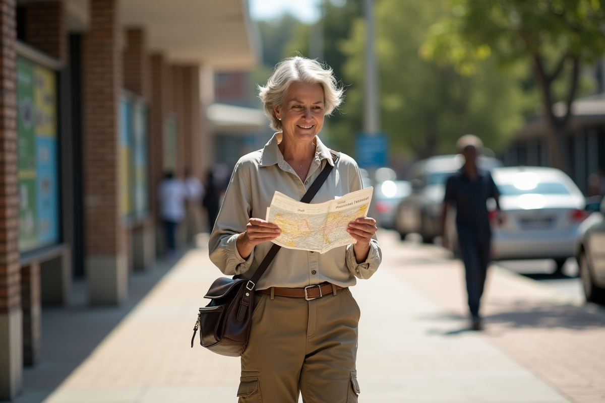 Femme voyageuse consulte une carte devant un musée à Johannesburg