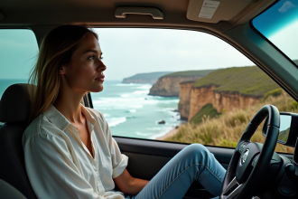 Jeune femme regardant la côte australienne depuis une voiture
