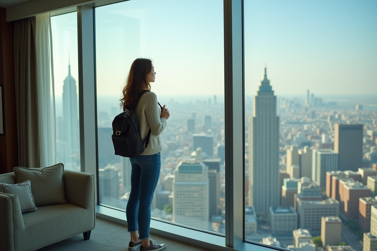 Jeune femme regardant la ville depuis une chambre d