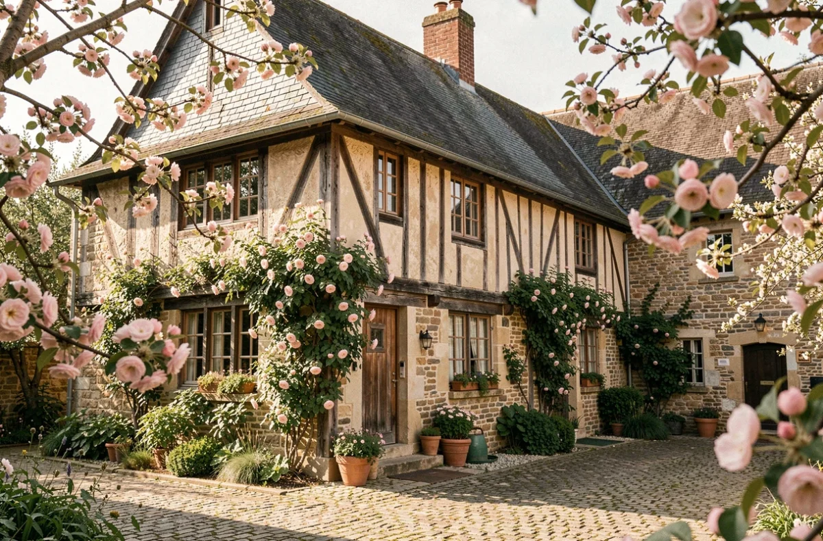 La cour pavée et la façade à colombages fleuris de La Ferme Saint-Siméon à Honfleur, hôtel de luxe normand