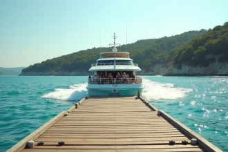 Ferry blanc quittant l'embarcadère de La Tour Fondue en direction de l'île de Porquerolles avec des passagers sur le pont