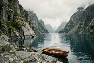 Fjord norvégien du sud avec falaises de granit, eau calme et barque en bois rouge au premier plan