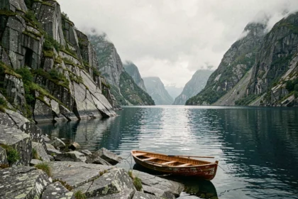 Fjord norvégien du sud avec falaises de granit, eau calme et barque en bois rouge au premier plan