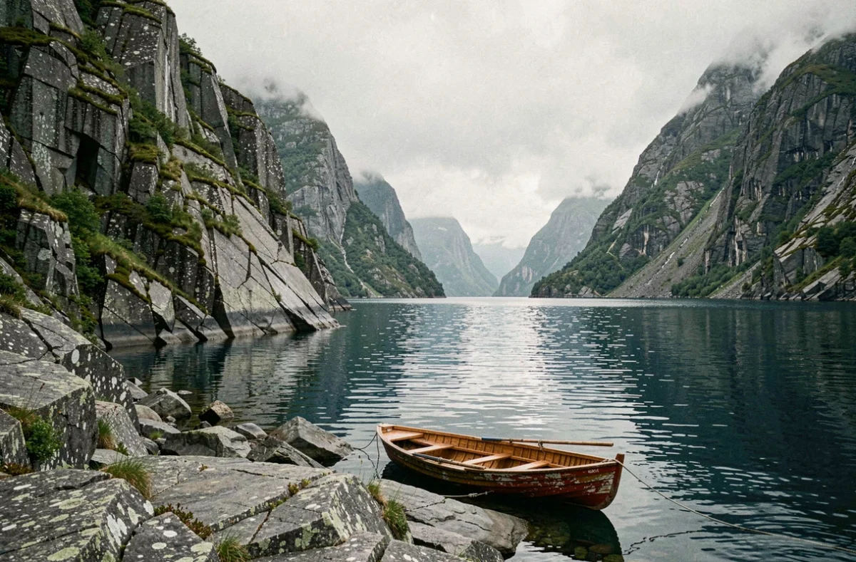 Fjord norvégien du sud avec falaises de granit, eau calme et barque en bois rouge au premier plan