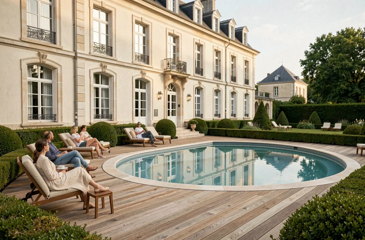La façade classique du Forges Hôtel à Forges-les-Eaux avec sa terrasse et sa piscine entourée de jardins paysagers