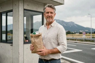 Homme à un poste frontière franco-espagnol tenant un sachet de tabac, illustration des règles douanières entre France et Espagne