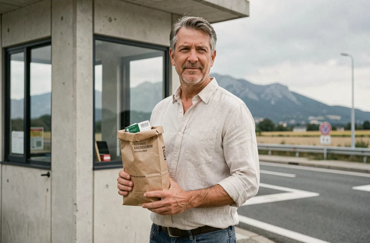 Homme à un poste frontière franco-espagnol tenant un sachet de tabac, illustration des règles douanières entre France et Espagne