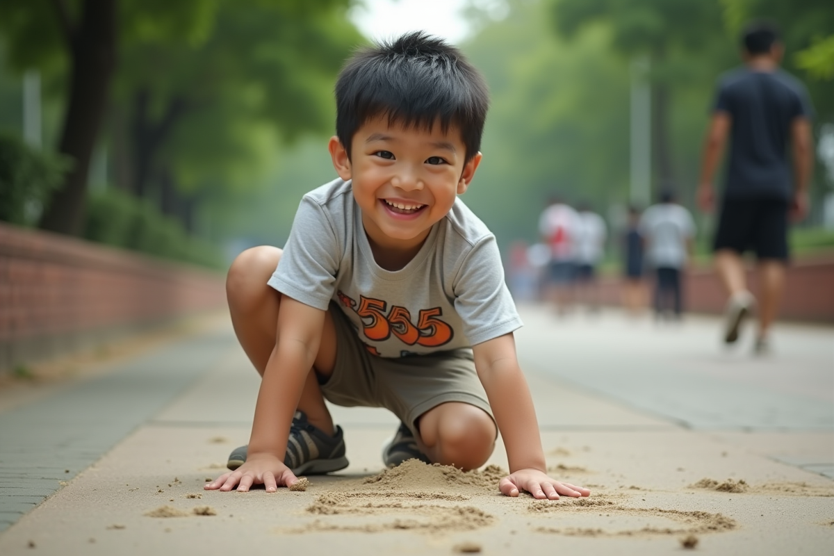 Garçon thaïlandais écrivant 555 dans le sable dans un parc