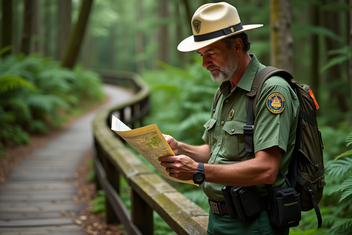 Gardien de parc en uniforme vert examine une carte en nature