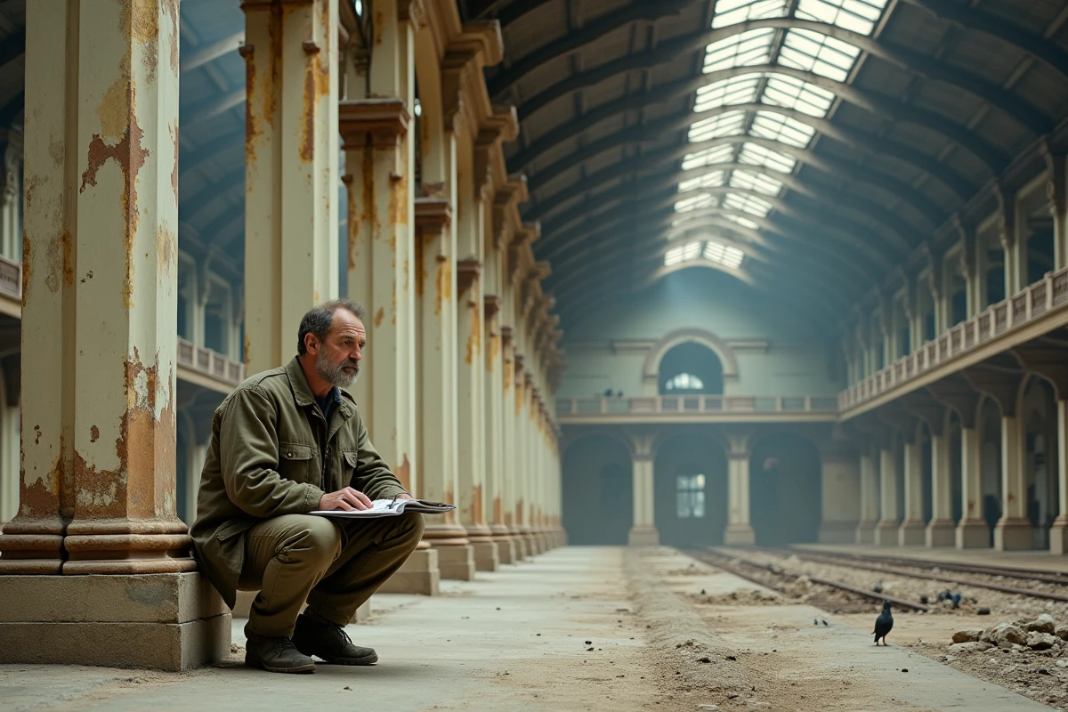 Architecte inspectant une ancienne gare abandonnée en restauration dans une ville européenne revitalisée par le tourisme