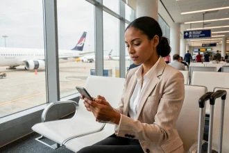 Femme gérant sa réservation Air Algérie sur smartphone dans un terminal d'aéroport