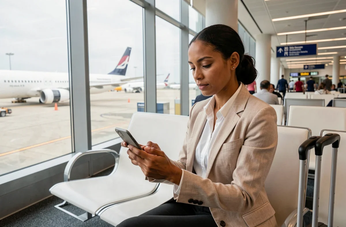 Femme gérant sa réservation Air Algérie sur smartphone dans un terminal d'aéroport
