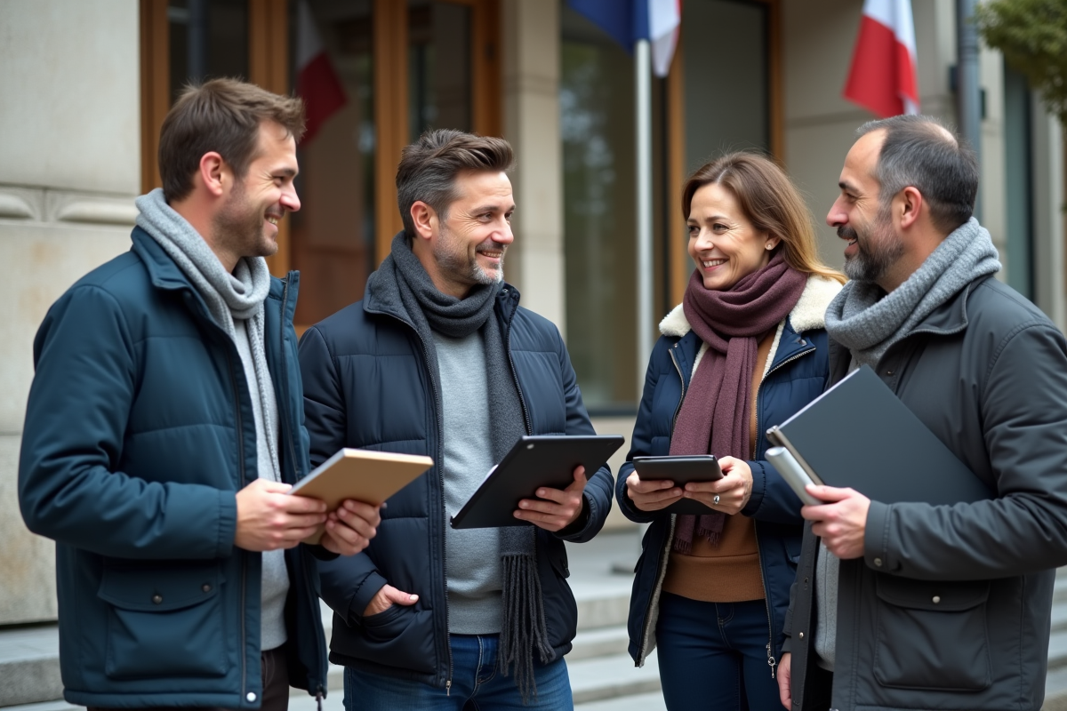 Groupe de personnes discutant devant un bâtiment administratif