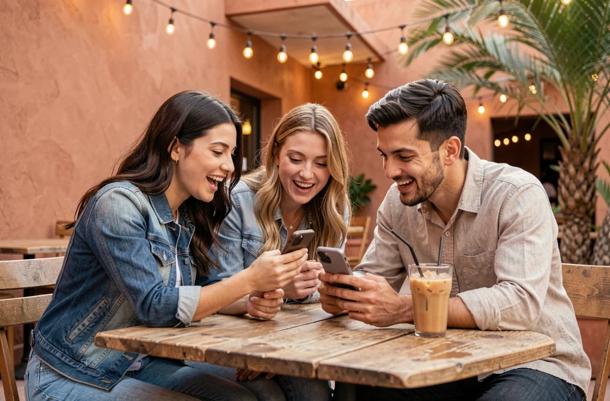 Groupe d'amis vérifiant les billets officiels Coachella sur smartphone dans un café en terrasse
