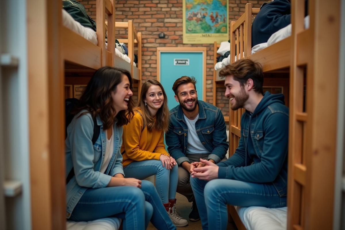 Groupe de jeunes backpackers dans une auberge de jeunesse