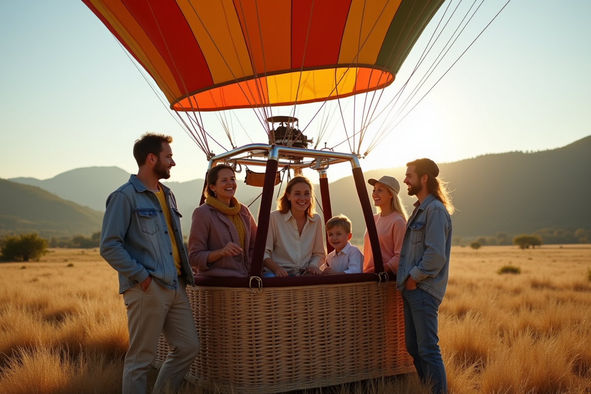 Groupe d'adultes et enfants dans le panier de montgolfiere