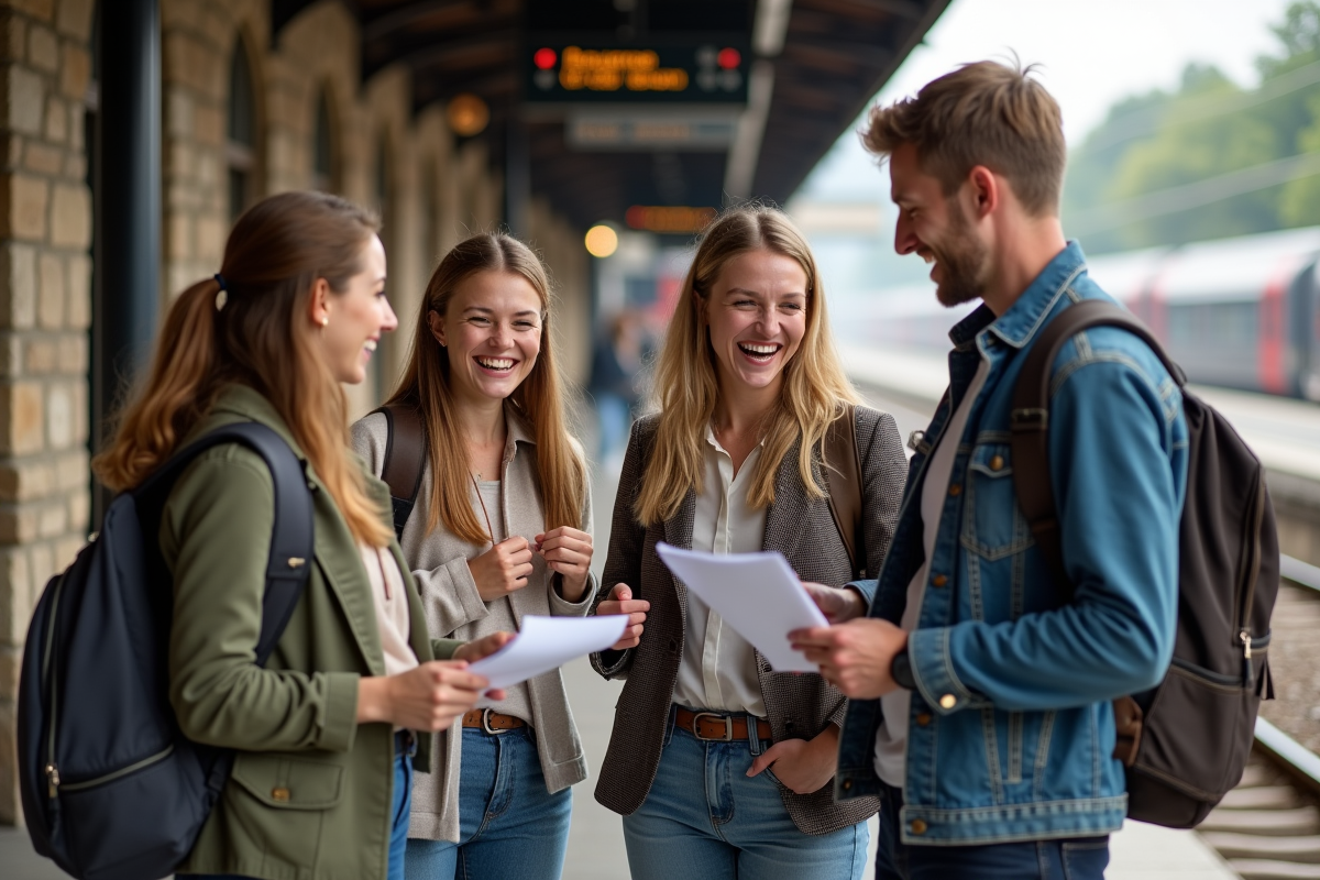 Groupe d amis à la gare en voyage