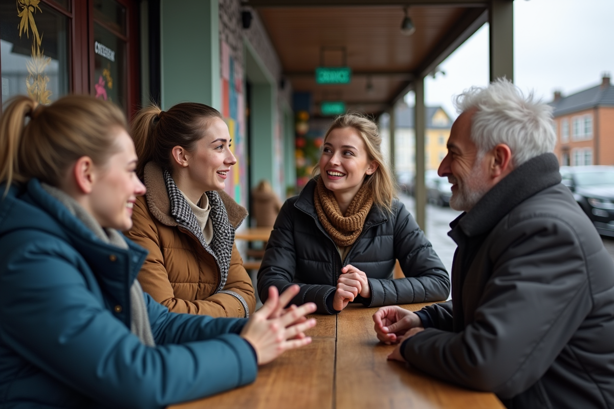 Jeunes et senior discutant dehors dans un café à Reykjavik