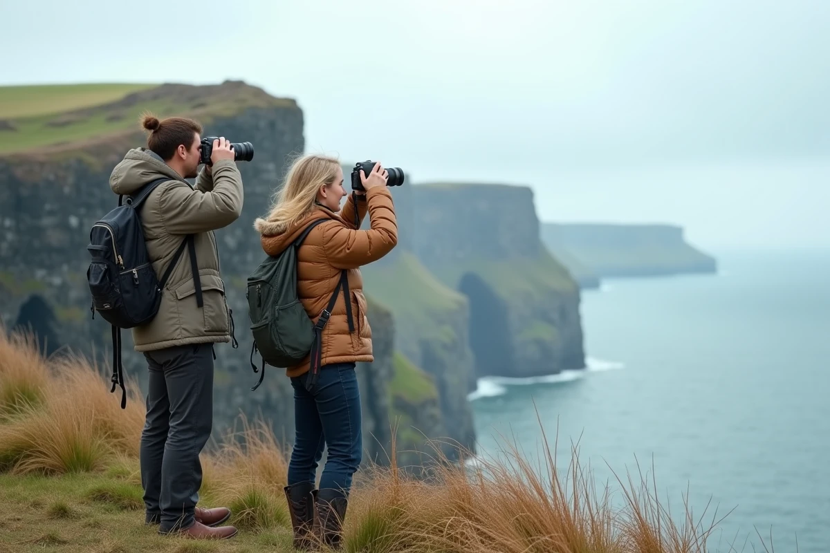 Groupe de photographes participants à un voyage photo guidé sur une falaise côtière atlantique avec vue panoramique sur l'horizon