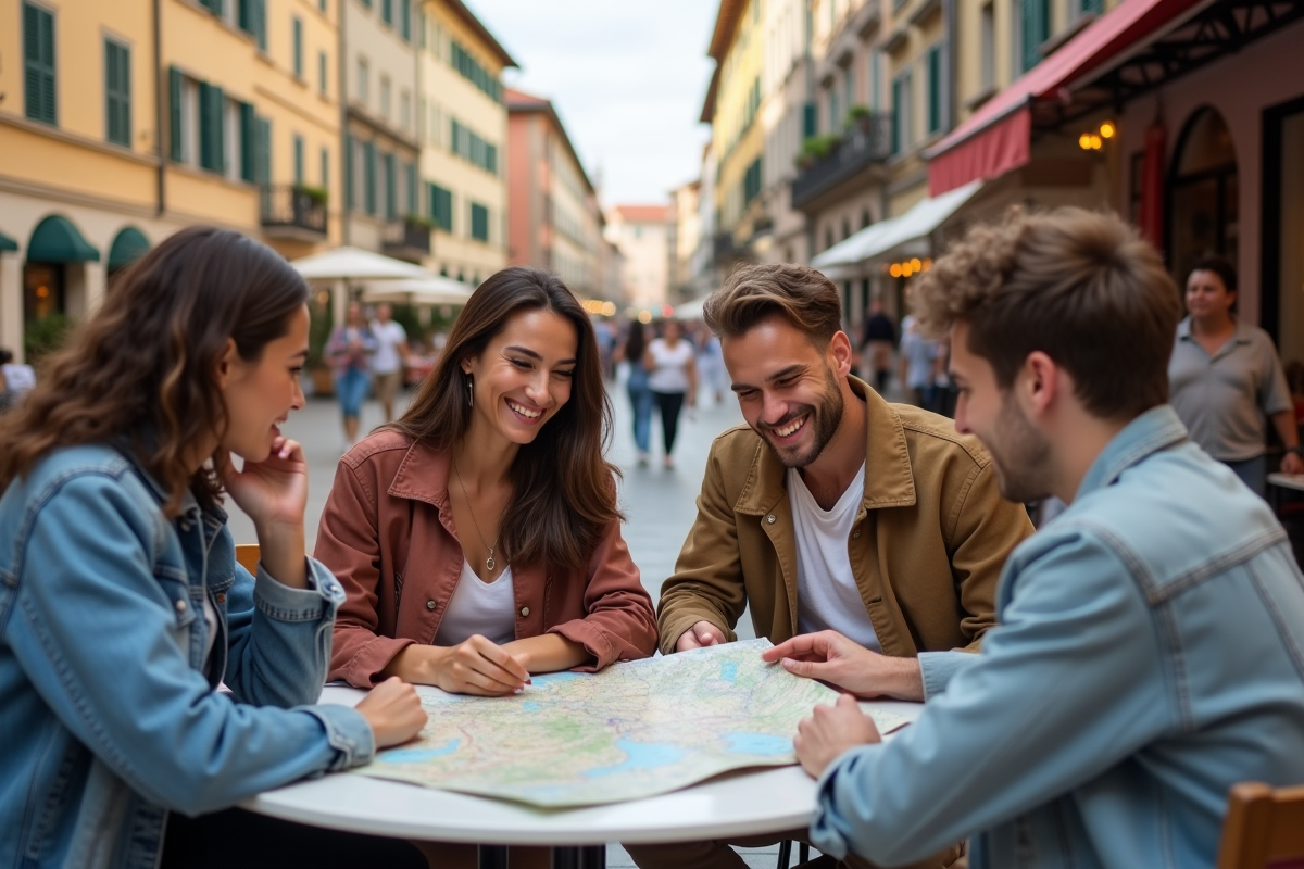 Groupe de voyageurs autour d'une carte en Europe