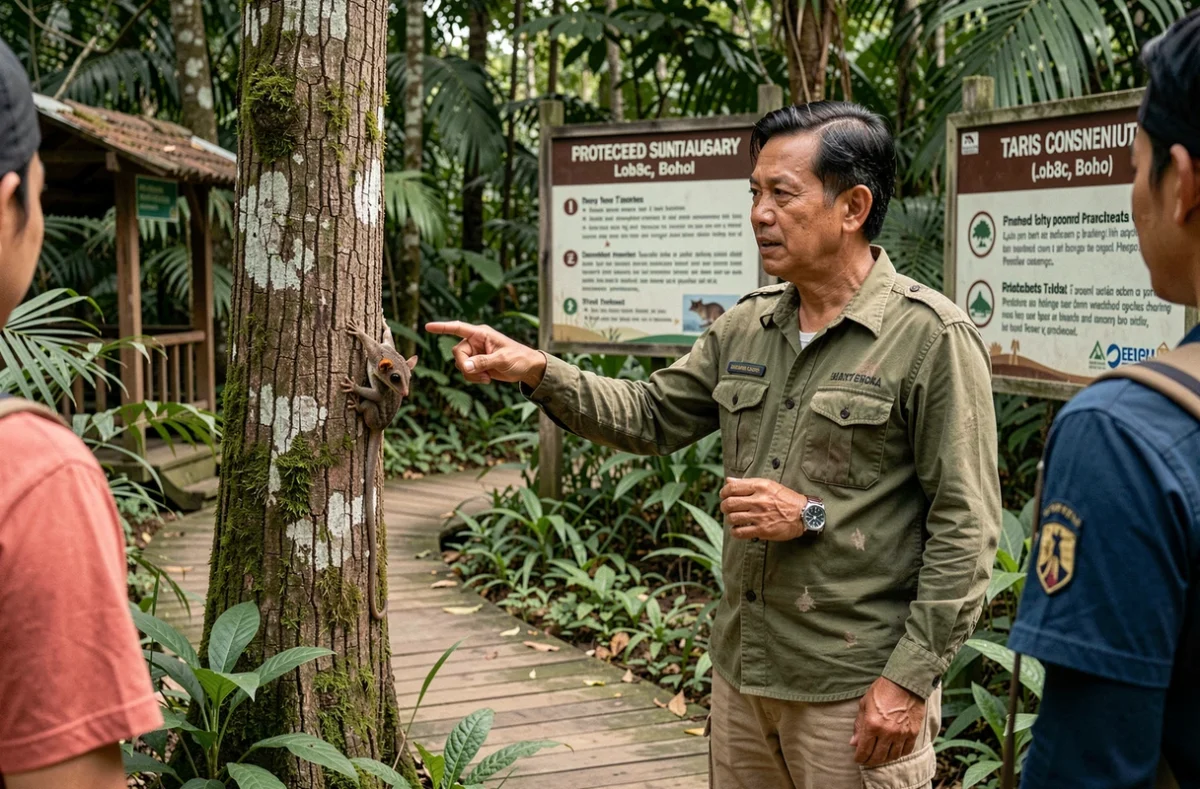 Un guide naturaliste philippin montrant un tarsier camouflé sur un tronc d'arbre dans le sanctuaire de conservation de Loboc, Bohol