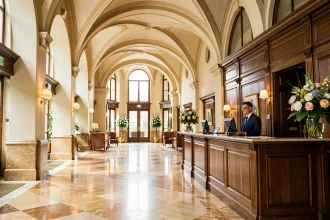 Hall d'entrée luxueux d'un hôtel 5 étoiles à Strasbourg avec architecture alsacienne et sol en marbre poli