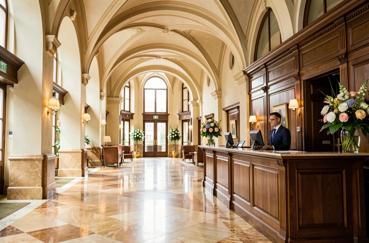 Hall d'entrée luxueux d'un hôtel 5 étoiles à Strasbourg avec architecture alsacienne et sol en marbre poli