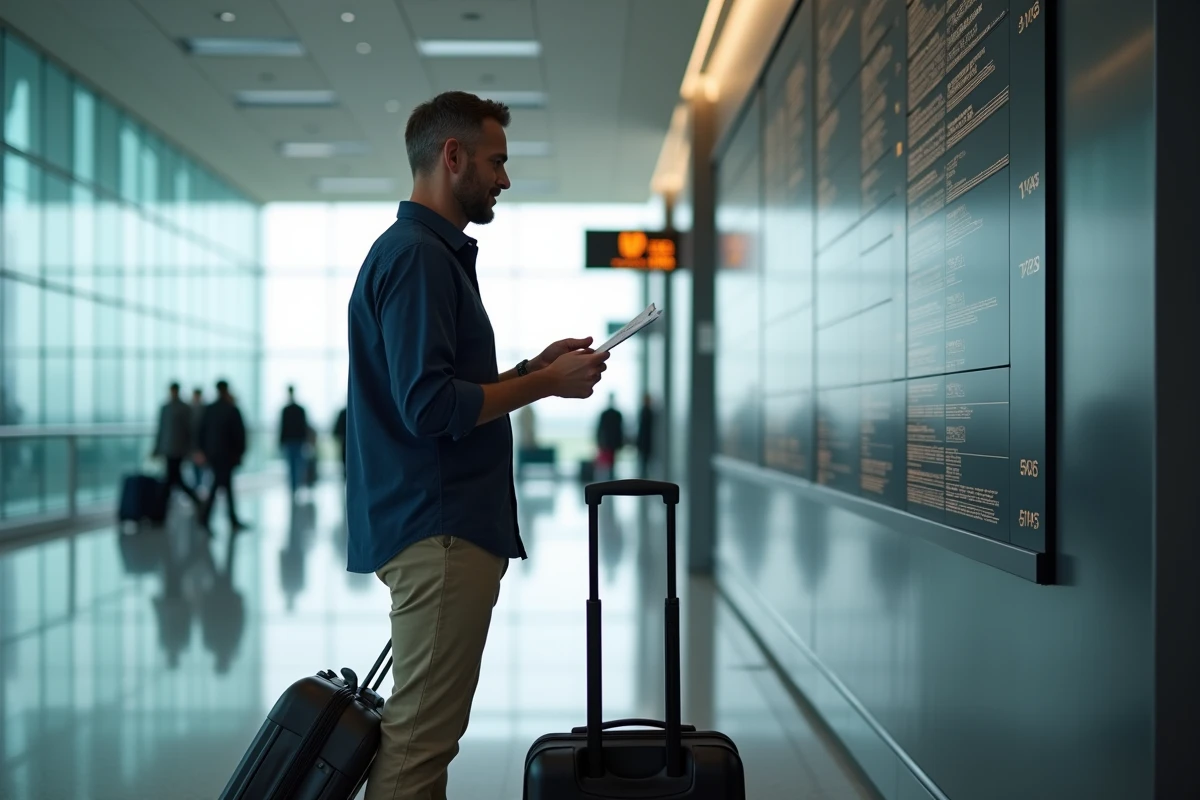 Homme vérifiant sa carte d'embarquement dans un terminal d'aéroport, symbolisant les préparatifs de voyage et le soin apporté au langage des vacances