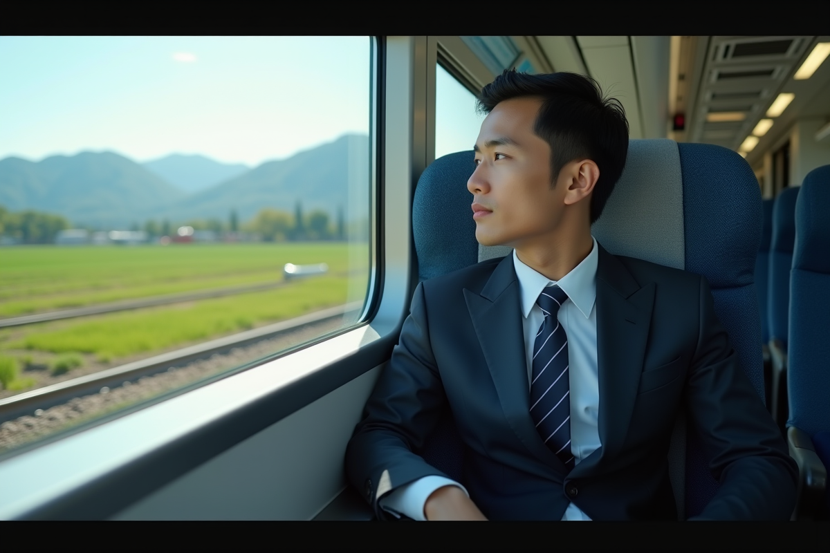 Jeune homme d'affaires japonais dans un train moderne