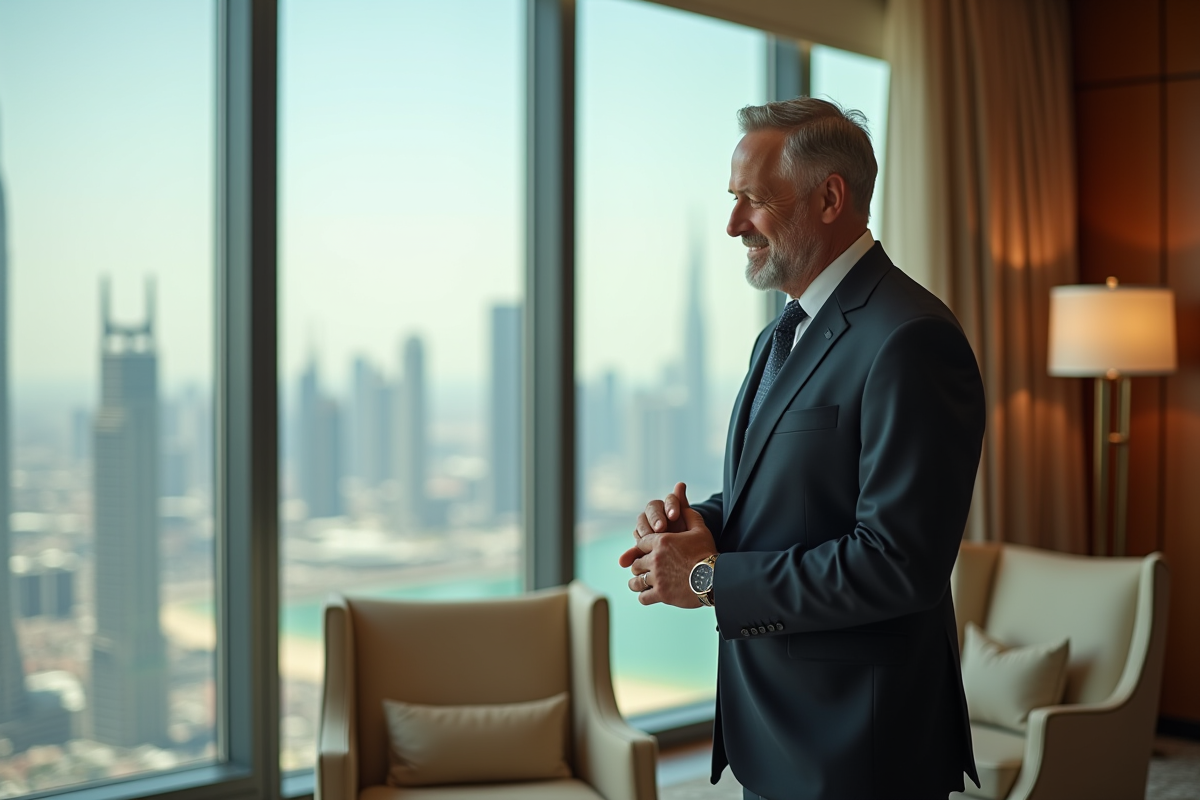 Homme d affaires vérifiant sa montre dans une suite de luxe à Dubai